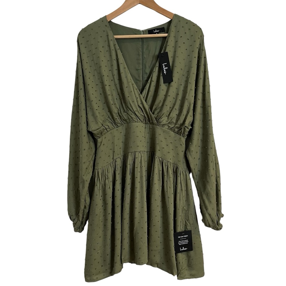 Lulu's Olive Textured V‑Neck Long Sleeve Mini Dress